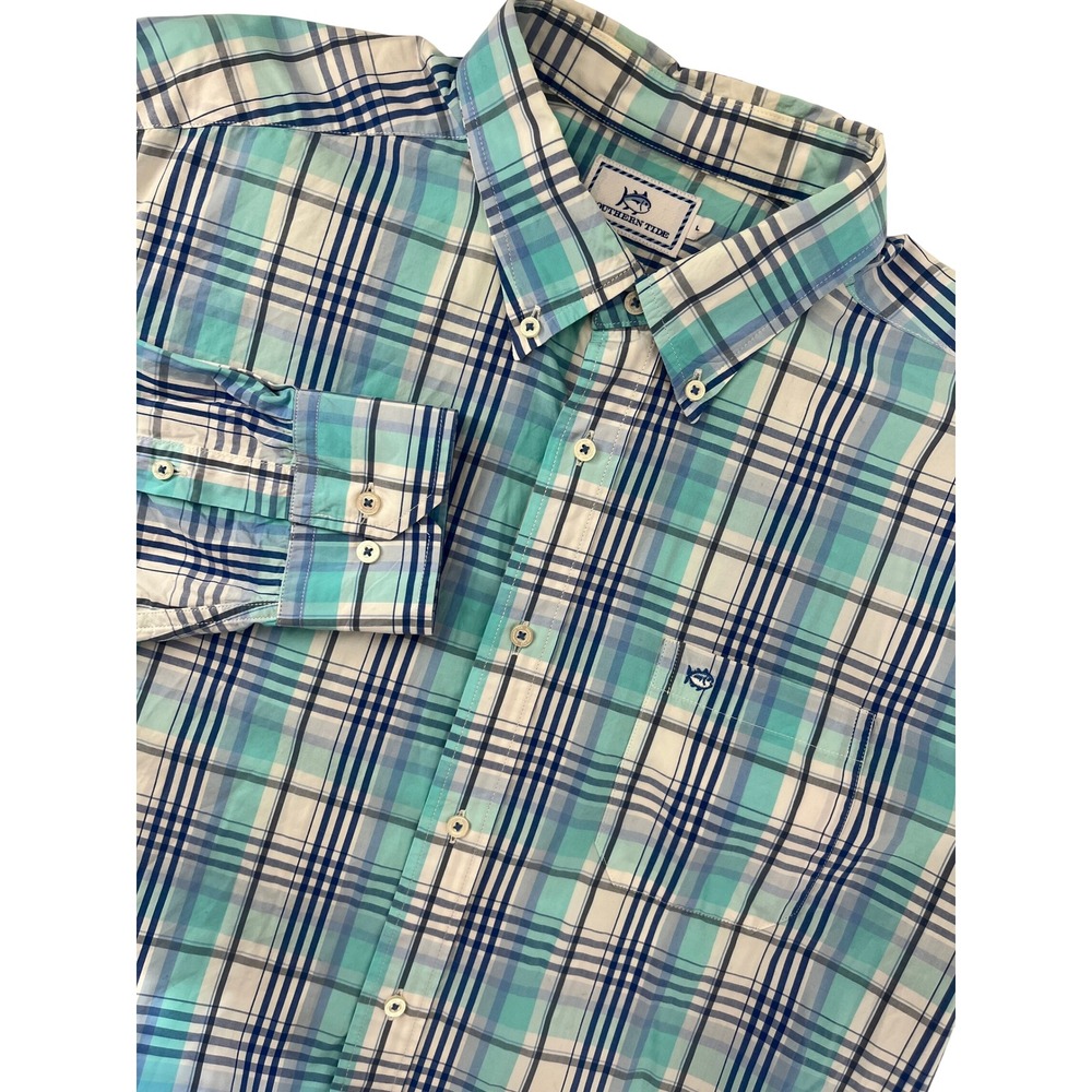 Southern Tide Mens Large Classic Fit Plaid Button Down Shirt Teal Blue Cotton